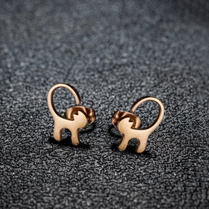 Minimalist rose gold stainless steel long tail cat stud earrings for women