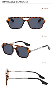 Detailed views of hawkbill square sunglasses with black lenses and double bridge design