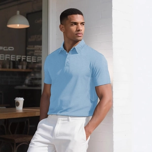Light blue short sleeve men's piqué cotton polo shirt with classic three-button collar
