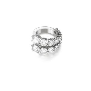 Close-up of silver double-row rhinestone ear cuff with shimmering round-cut crystals