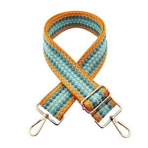 Detail of adjustable thickened bag strap with orange and blue geometric patterns
