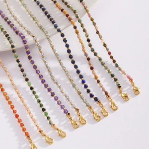 Colorful natural stone beaded necklace with faceted round beads and golden lobster clasp
