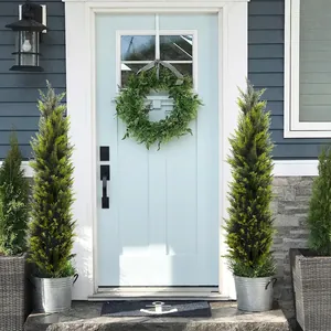 Artificial cypress pine potted trees and green wreath for front door home decoration