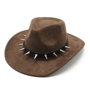 Chapeau De Cow-Boy Occidental Daim Bord Large Avec Pointes Métalliques Bande Cuir Cloutée Style Punk Rock Pour Hommes Femmes