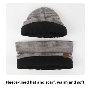 Detailed view of winter hat and scarf showing warm black polar fleece lining in grey knit
