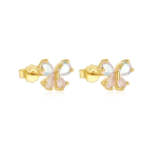 Macro detail of gold butterfly stud earrings with S925 hallmark and iridescent zircon gems