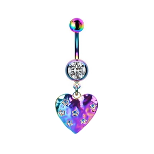 Rainbow stainless steel navel ring with heart pendant and sparkling crystal stone