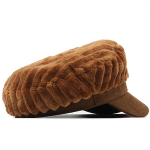 Brown retro newsboy cap for women featuring plush striped texture and suede brim