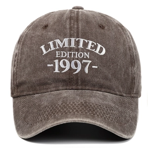 Macro shot of white Limited Edition 1997 embroidery on vintage brown washed cotton cap