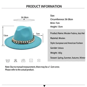 Teal wool jazz hat with gold chain link trim and detailed size measurement specifications
