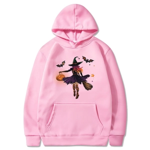 Pink Halloween hoodie with witch and pumpkin prints, long sleeves and kangaroo pocket