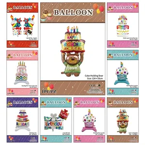 Three-layer birthday cake and bear foil balloon set for party decoration and celebration