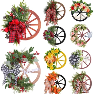 Farmhouse Wagon Wheel Wreath Wood Faux Floral Greenery Door Hanging Buffalo Plaid Bow Seasonal Christmas Halloween Home Decor