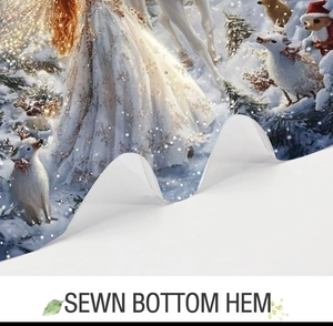 Detail showing the sewn bottom hem and high-quality 3D digital Christmas print