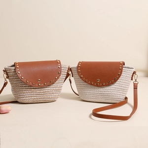 Chic straw crossbody bags with brown leather flaps and metallic studs for summer beach style