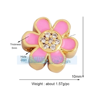 Detail view of 10mm pink enamel flower charm with gold plating and white zircon inlay