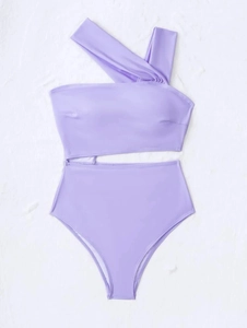Detailed flat lay of lavender one-shoulder swimsuit with waist cutout and high-cut leg