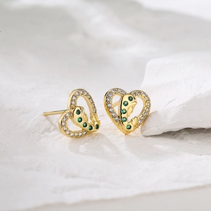 Gold-plated heart stud earrings with cubic zirconia and three small green gemstones