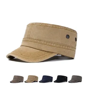 Classic washed cotton flat top military cap with metal eyelets in multiple colors