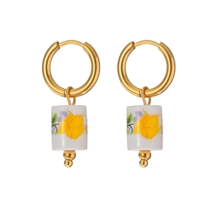 18K gold plated stainless steel hoop earrings with white porcelain floral cylinder charms