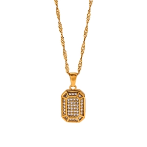 18k gold plated stainless steel necklace with sparkling zircon pendant in rectangular shape
