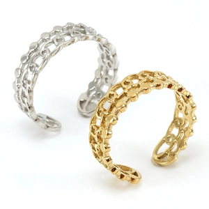 Adjustable 18K gold and silver stainless steel rings with hollow chain mesh design