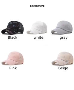 Mesh baseball caps shown in five colors with floral print and breathable back panels