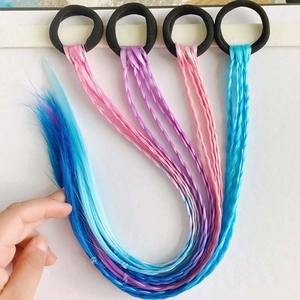 Set of 4 colorful braided hair extensions with elastic bands for girls in pink and blue