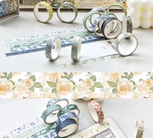 Detail of floral washi tape set for journaling with vintage botanical patterns