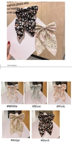 Detailed grid showing floral chiffon bow hair clips in white, blue, pink, beige, and black