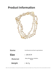 Detailed size and weight specs for a layered oval faux pearl necklace with rhinestones