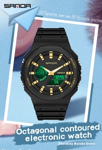 Detail of SANDA octagonal electronic watch with gold markers and green digital display