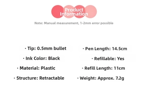 Specifications of 0.5mm retractable black gel pen with 14.5cm length and refillable design