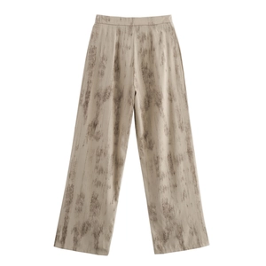 Pantaloni a gamba larga retrò francesi da donna con motivo astratto beige