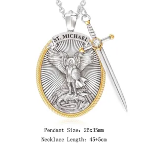 Saint Michael Archangel shield pendant necklace with dual-tone sword charm and chain