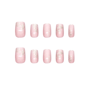 Pink cat eye press-on nails with silver leaf relief and glitter finish 10pcs set