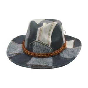 Vintage Denim Patchwork Fedora Hat Wide Brim Western Cowboy Sun Cap Wood Beads Ethnic Style Women Men