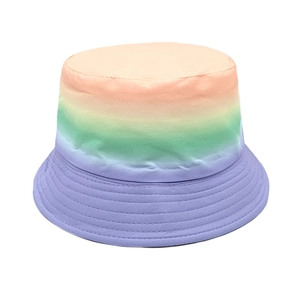 Detailed view of rainbow gradient sun hat with neat parallel stitching on brim