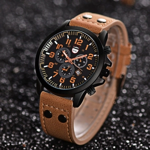 Classic men's quartz watch with black dial, brown leather strap, and date function