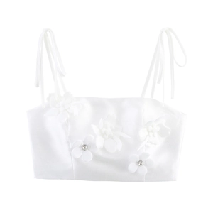 White floral crop top featuring 3D flowers with rhinestones and tie straps for women