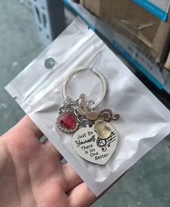 Détail du porte-clés musical avec plaque en cœur, guitare et pendentif cristal rouge