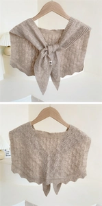 Detail of beige knit shawl showing intricate hollow patterns and elegant scalloped edges