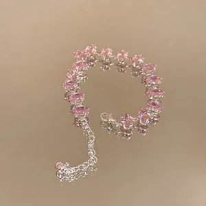 Delicate pink oval zircon bracelet with silver chain and adjustable lobster clasp