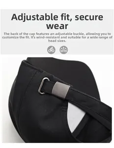 Detail of adjustable metal buckle on black twill cotton baseball cap for custom fit
