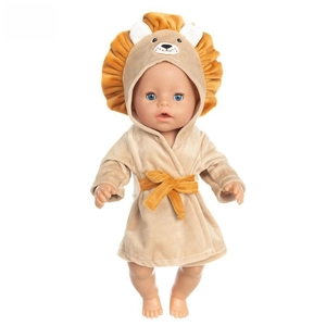 Detail of 18 inch doll lion bathrobe with lion hood embroidery and soft plush fabric