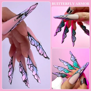 Extra long butterfly wing nail tips with gradient colors and handmade rhinestones