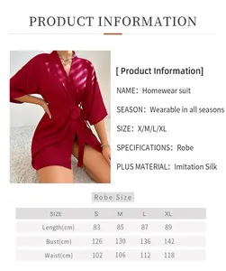 Detailed size chart for women silk robe with measurements for length, bust, and waistline
