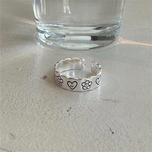 Minimalist 925 sterling silver open ring with heart, flower and smiley face patterns
