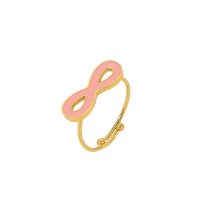 Detail of gold-plated infinity ring with pink enamel finish and adjustable band design