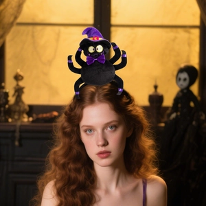 Plush black Halloween spider headband with purple wizard hat on model in gothic setting